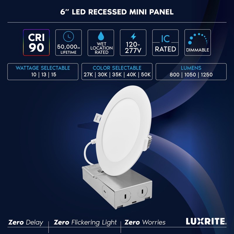 LUXRITE 6 Inch Canless Spotlight, LED Recessed Lighting, 5CCT 2700K-5000K,