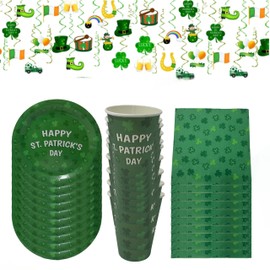 eBoutik - Ultimate Irish St Patricks Day Party Shamrock Bundle - Disposable Lucky Green Irish-Themed Festival Party - 10 Dinner Plates, 20 Napkin, 10 Cup's & 1 Set of Bunting