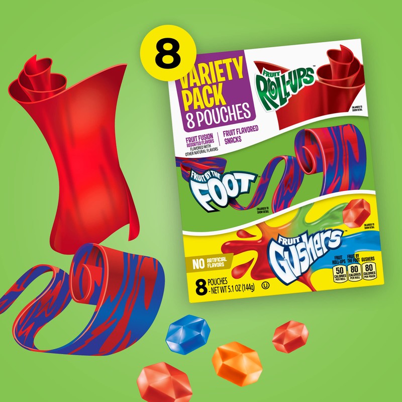 Fruit Roll-Ups, Fruit by the Foot, Gushers Fruit Flavored Snacks