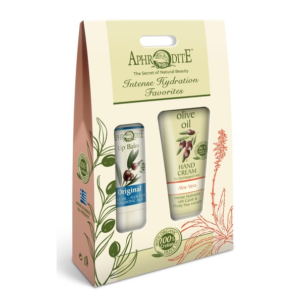 Aphrodite Naturkosmetik - Intensive Moisturising Hand Cream (30 ml) and Moisturising Lip Balm (4g) with Organic Olive Oil & Aloe Vera - Makes Brittle Lips Gently Smooth