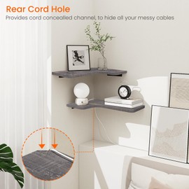Homode Corner Shelves Wall Mounted, Set of 3 Floating Corner Shelves with Cord Hole, 3 Tier Wooden Hanging Shelves for Storage and Display, for Bathroom Kitchen Living Room, Rustic Grey