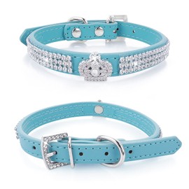 cobee Dog Collar with Rhinestones, Adjustable Cat Collar Bling PU Leather Puppy Collar Crystal Pet Collars for Small Dogs Cats Collar Accessories (Blue)