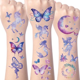 Gameza Glitter Temporary Tattoo for Girls - 6 Sheets Butterfly Moon Flower Mermaid Tattoos Temporary Cute Fake Tattoos Stickers Gifts Birthday Party Favors Decorations Supplies Classroom Prizes
