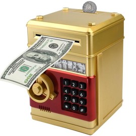 Piggy Bank Electronic Mini ATM for Kids,Money Safe Box Cash Coin Can Password Code Lock for Kids-Hot Gift,Best Present for Children Boys Girls - Color: Gold