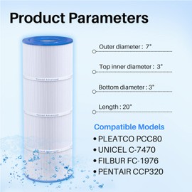 TOREAD PCC80 Pool Filter Replaces Pentair CCP320, Unicel C-7470, Ultral-A5, R173573, Filbur FC-1976, Clean and Clear Plus 320,4 X 80 sq. ft. L x OD:20 1/16"x 7" Filter Cartridge 4 Pack