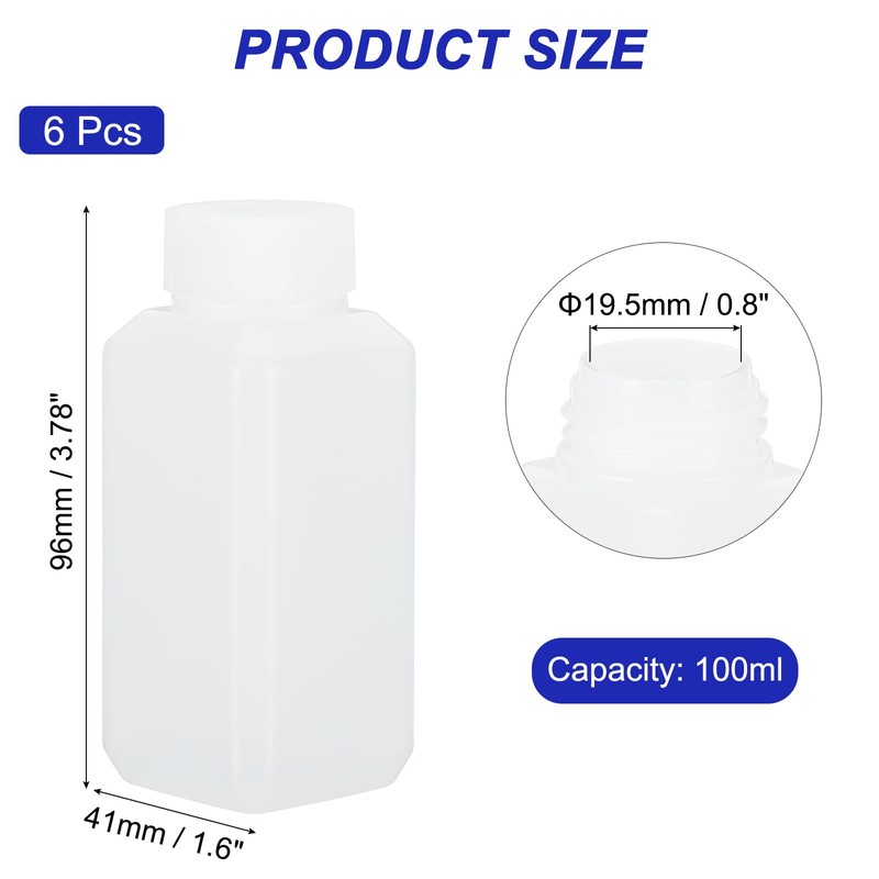 PATIKIL Reagent Bottles, 6 Pcs 100ml HDPE Narrow Mouth Square