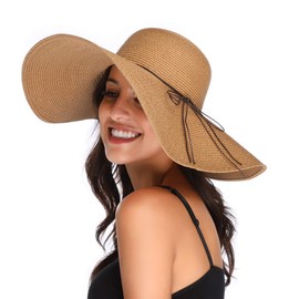 Lanzom Womens Wide Brim Straw Hat Floppy Foldable Roll up Cap Beach Sun Hat UPF 50+