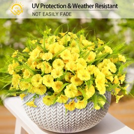 HIAGROW Spring Artificial Flowers Outdoors 12 Bundles Yellow Artificial Petunias Fake Flowers UV Resistant Shrubs Plants with Fern for Indoor Outside Hanging Planters Home Garden Summer Decorations