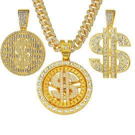Xikui Money Chain Gold-plated Necklace, 20inch Cuban Chain with 3Pcs Replacement Dollar Pendant, Men Rapper Hip Hop 70s 80s 90s Costume Necklace (Gold)
