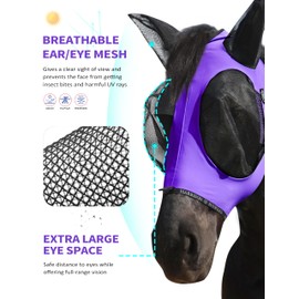Harrison Howard Horse Fly Mask with Forelock Opening Stretch Breathable and Comfortable for Horses UV -Protection Purple L