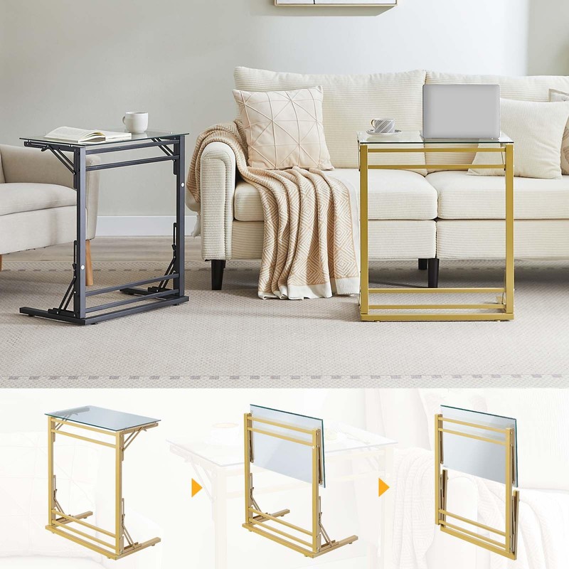 Tatub 24" Folding C Shaped End Table, Small Tempered Glass