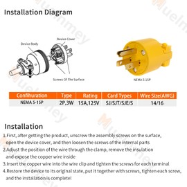 Muelnmey 1PCS Extension Cord End Electrical Replacement Plug NEMA 5-15P 15A 125V 2Pole 3Wire Yellow Shell Industrial Grade 3-Prong Male Straight Blade Grounding Type,UL Listed.