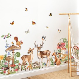 decalmile Woodland Animals Wall Decals Deer Fox Mushroom Butterfly Wall Stickers Baby Nursery Kids Bedroom Living Room Wall Décor