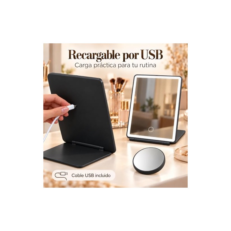 Espejo con Luz de Viaje Plegable,Espejo Maquillaje y Espejo Pequeño