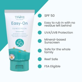 TruKid Easy On Mineral Sunscreen SPF 50 - All Natural Kids & Baby Sunscreen for Face & Body, Non-Toxic Zinc Oxide Sunblock Protection for Sensitive Skin, Unscented, FSA Eligible, Travel Size 3.4oz