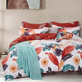 Palila Tropical Quilt Cover, Red Orange Teal Green Multiple Colors, 2pcs Single Tropical Leaf Floral Quilt Cover Set ( Single Size )