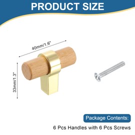 QUARKZMAN 6 Pcs T Shaped Wooden Drawer Handles Wooden Single Hole Dresser Drawer Knobs Furniture Dresser Pull Handles with Screws for Home Kitchen Room Cabinet Beech Wood / Gold