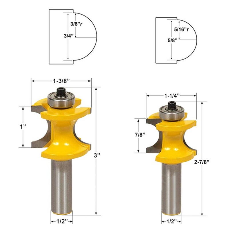 Gasea 5pcs 1/2 Inch Half Round Bearing Bullnose Router Bits