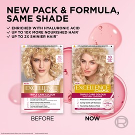 L'Oréal Paris Excellence Crème Permanent Hair Dye, Radiant At-Home Hair Colour with up to 100% Grey Coverage, Pro-Keratin, Up to 8 Weeks of Colour, Colour: 10 Natural Baby Blonde