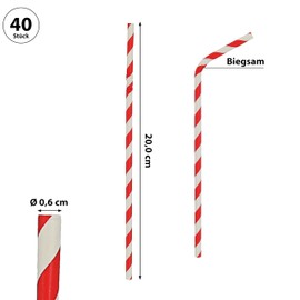 Drinking Straws Set of 40 | 20 x 0.6 cm Paper Red White Stripes | Straw with Bend | Christmas Design Candy Cane Look