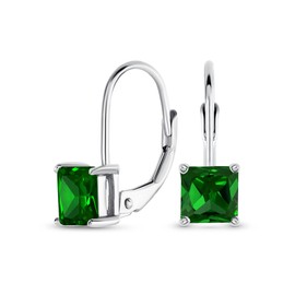 Classic Bridal Simulated Emerald Princess Cut Green Cubic Zirconia Solitaire Square AAA CZ Leverback Earrings For Women .925 Sterling Silver