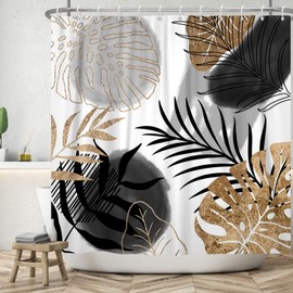Ttincceer 180x180cm Abstract Plant Leaf Shower Curtain Set, Black Gold Palm Monstera Leaf Bathroom Curtain Abstract Tropical Plant Shower Curtains Washable Bathtub Curtain