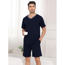 Wikoan Men's Pyjamas Sets Cotton Shorts Pajamas Short Sleeve Top and Shorts Sleepwear Loungewear with Pockets & Drawstring Navy,L