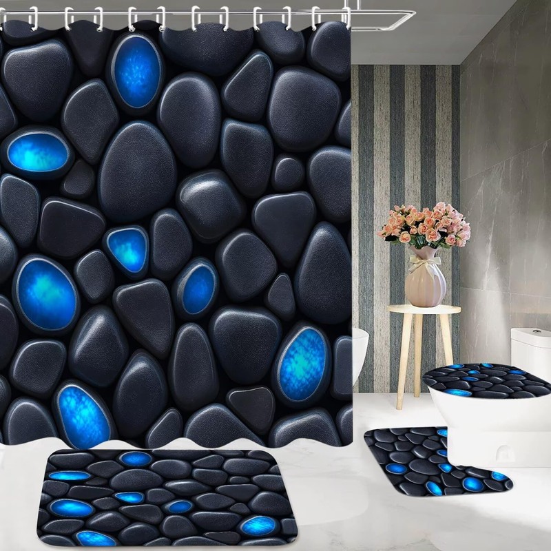DDQQ 4Pcs Stone Shower Curtain Set with Toilet Lid Cover