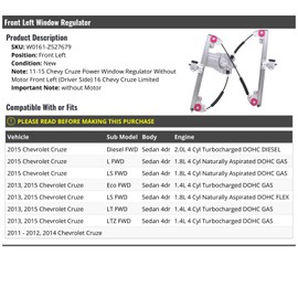 Marketplace Auto Parts - Front Left Driver Side Window Regulator - Compatible with 2011-2015 Chevy Cruze FWD Sedan 4-Door
