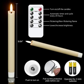 Eldnacele Flameless Flickering Taper Candles with Remote and Timer, Battery Operated 3D Wick Real Wax LED Window Candles Ivory Set of 6 Dinner Fireplace Indoor Home Holiday Decor((D0.78×H9.64)