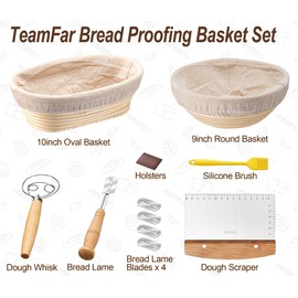 TeamFar Bread Proofing Basket Set, 9” Round & 10” Oval Bread Baking Supplies with Liner, Sourdough Starter Kit for Bread Making, Bread Lame/Whisk/Dough Scraper/Basting Brush