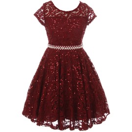 BNY Corner Big Girl Cap Sleeve Floral Lace Glitter Pearl Holiday Party Flower Girl Dress Burgundy 14 JKS 2102