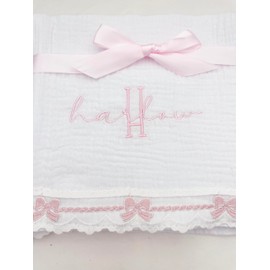 Cotton & Lace Baby Girl Burp Cloth Set of 2 ( Heirloom Collection ) Pink Bows + Option to Personalize with Name or Initials Monogram by MEG Original Boutique
