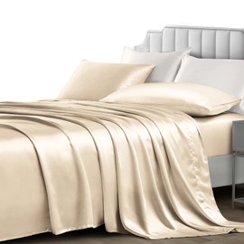 NSGZ 4-Piece Satin Sheet Set - Full, Silky Satin Bed Sheets with 1 Fitted, 1 Flat, 2 Pillowcases, Cooling, Extra Soft, Khaki