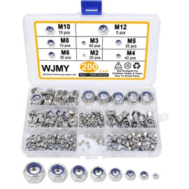 WJMY Self-Locking Nuts Hex Nuts 200 Pieces 304 Stainless Steel Lock Nuts Set Locking Nuts Stop Nuts M2 M3 M4 M5 M6 M8 M10 M12