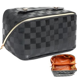 HRX Package PU Leather Makeup Bag, Large Capacity Waterproof Cosmetic Organizer with Dividers & Handle, Travel-Friendly Square Pattern Toiletry Bag for Women Birthday Anniversary Gift（Black）