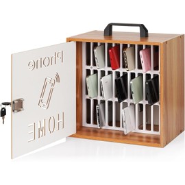 DABOS Wooden Cell Phone Holder with Lock, 33-Slot Desk Phone Holder Storage Cabinet with Handle, Secure Wood Cabinet Desk Organizer for Classroom, Office, Conference Room & Electronics Storage