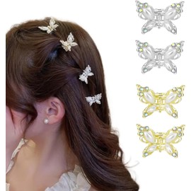 4pcs Mini Butterfly Hair Claw Clips Small Pearl Rhinestone Hair Jaw Clips Glitter Rhinestone Hair Clamp Strong Hold Non-slip Cute Hair Clips for Women Girls (Gold+Silver, One size)