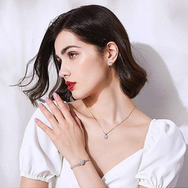 YooAi Jewellery Set Round Pendant Necklace Earrings and Bracelet Set Cubic Zirconia Jewellery for Women Round Silver