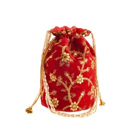 EliteKoopers Velvet Indian Ethnic Embroidered Potli Bag Batwa Clutch Purse Pearl Handbag For Wedding Evening Party (Red)