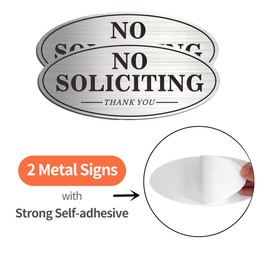 House Door No Soliciting Sign Metal, 2 Pack Silver Color 7.0 x 3.0 inches, Self-Adhesive Modern Design Aluminum Signs for Office Home Business Company, Waterproof and Weather Resistant