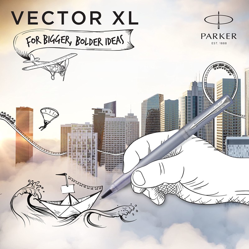 Parker Vector XL Rollerball Pen | Metallic Silver-Blue Lacquer on