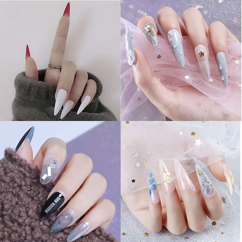Mwoot 600 Pieces French False Nail Tips, Long Stiletto Sharp
