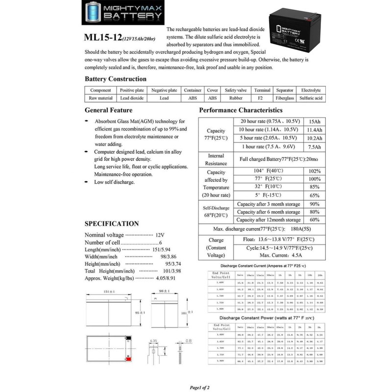 Mighty Max Battery ML15-12 - 12V 15AH SLA Battery