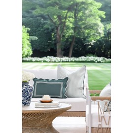Hofdeco Premium Coastal Grandmillennial Patio Indoor Outdoor Throw Pillow Cover Only, 20"x20" Water Repellent for Backyard, Couch, Poolside, Celadon Green Print Stripes