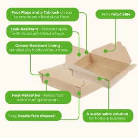 50 Pack Disposable Take Out Boxes - 30oz | Planet-Friendly and Leak-Proof Kraft Paper Food Containers in Bulk | for Pasta, Salads Desserts and Snacks | Meal Prep Containers Paper Boxes for Food