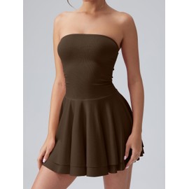 OQQ Women's Mini Dress Summer Cocktail Tube Ruched Waist Ruffle Corset Party A-line Dresses Darkbrown