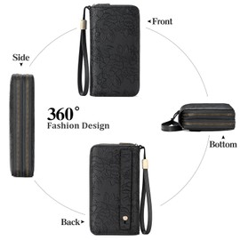 Sunpour Women's Leather RFID Blocking Wallet with Phone Pocket, Double Zip Large Capacity Wristlet Clutch - Credit Card Holder & Adjustable Hand Strap