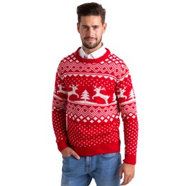 Men's Christmas Jumper - Festive Xmas Tree & Reindeer Fair Isle Knit Sweater, Long Sleeve, Winter Holiday Crew Neck, Ugly Christmas Jumper, Sizes S-XXL (Red, XL)