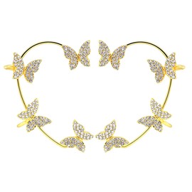 2Pcs Zircon Butterfly Ear Cuff Earrings for Women No Piercing Butterfly Ear Clip Wrap Around Fake Earrings Ear Wrap Crawler Rhinestone Wrap Earrings (gold)